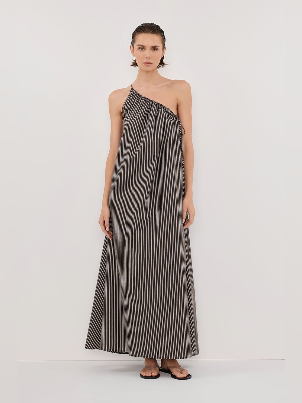 DISSH Palma Bitter Choc Silk Blend Midi Dress One Shoulder Stripes Poplin